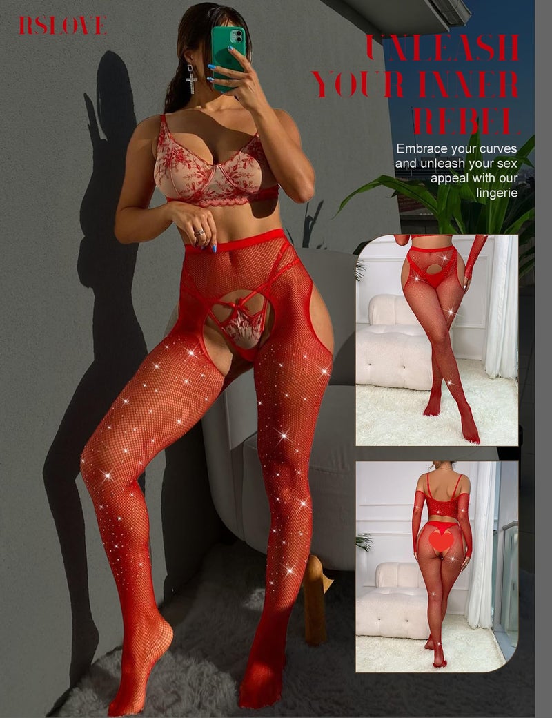 RSLOVE Fishnet Stockings Rhinestone High Waist Tights Pantyhose Women's Sexy Sparkle Stockings Red - Image 4