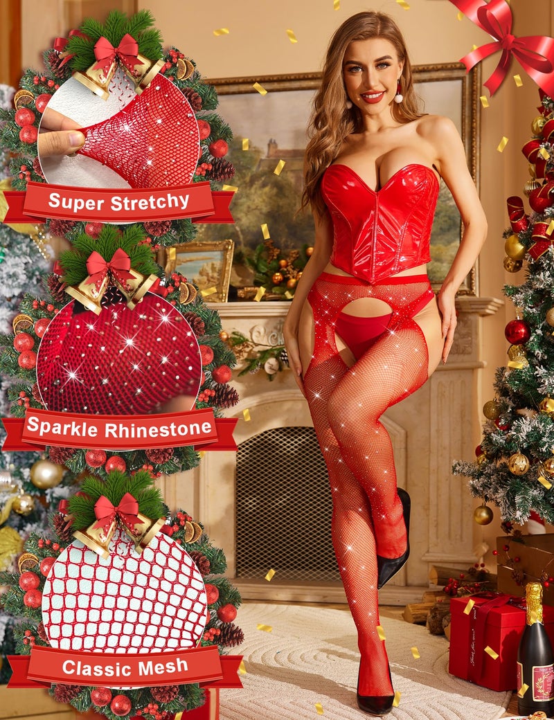 RSLOVE Fishnet Stockings Rhinestone High Waist Tights Pantyhose Women's Sexy Sparkle Stockings Red - Image 3