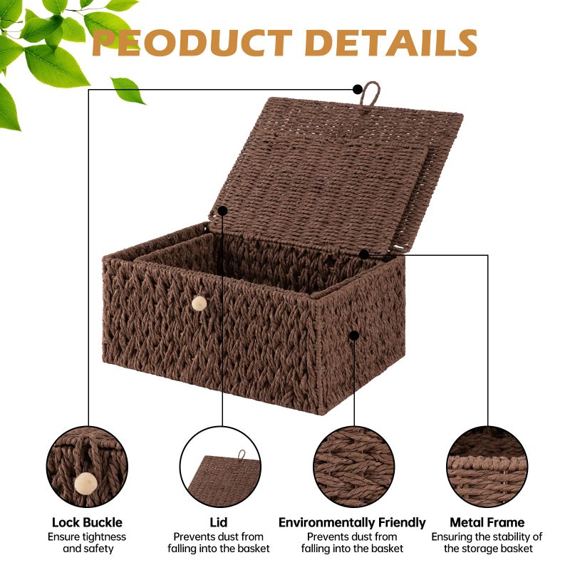 OIAHOMY Wicker Storage Basket with Lid & Lock, Lidded Storage Bins, Decorative Baskets for Organizing, Set of 2-Brown - Image 3