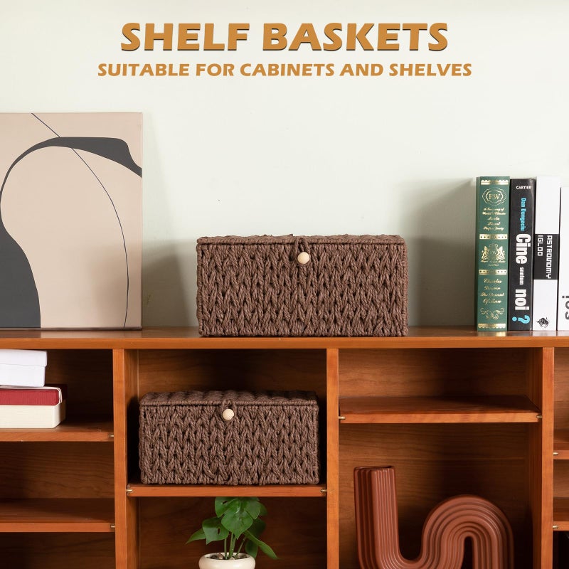 OIAHOMY Wicker Storage Basket with Lid & Lock, Lidded Storage Bins, Decorative Baskets for Organizing, Set of 2-Brown - Image 2