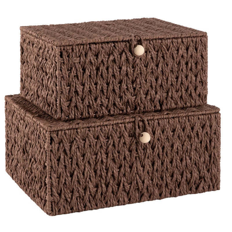 OIAHOMY Wicker Storage Basket with Lid & Lock, Lidded Storage Bins, Decorative Baskets for Organizing, Set of 2-Brown - Image 1