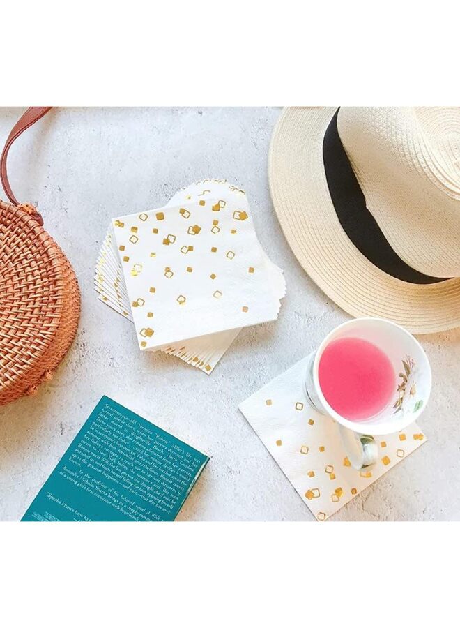 ١٠٠ منديل كوكتيل ذهبي | تصاميم متنوعة، مطوية، ٥ × ٥ بوصات، للاستخدام مرة واحدة، مناديل حفلات، مناديل مشروبات | مناديل ورقية بيضاء بالجملة مثالية للعشاء، الزفاف، حفلات استقبال المولود الجديد - Image 4