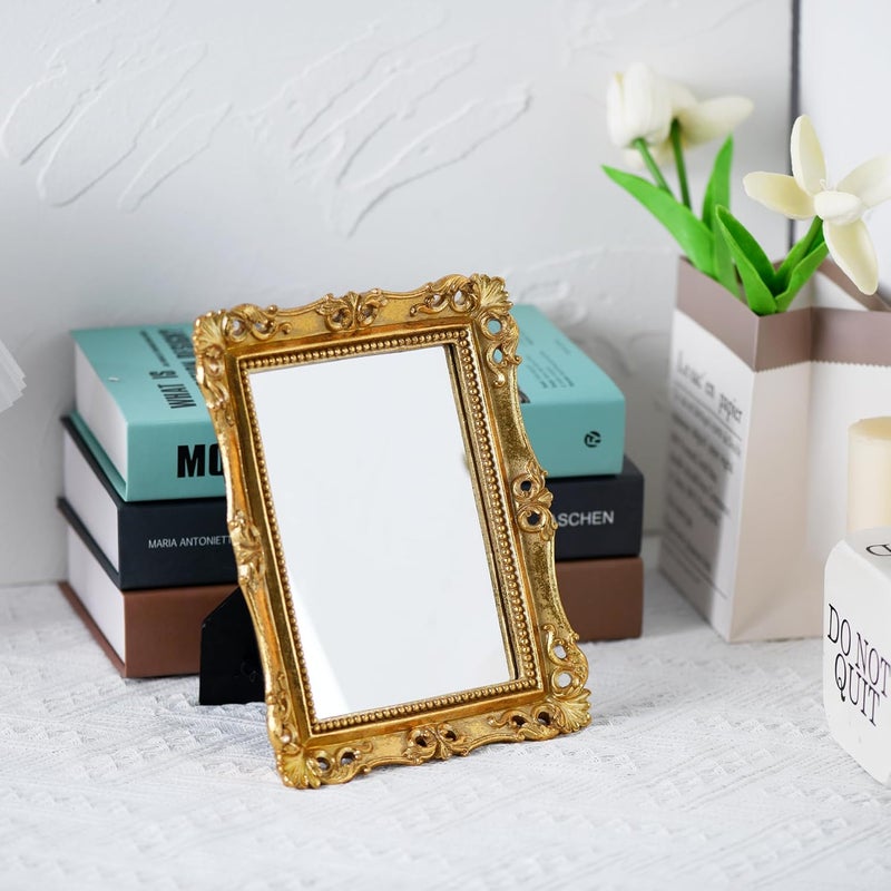 Funerom Vintage Decorative Mirror, Wall Mounted & Tabletop Makeup Mirror (Antique Gold, 8.8 x 6.8 inch) - Image 2