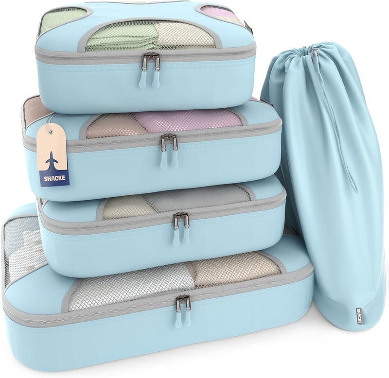 Shacke 5 Set Packing Cubes for Travel with Laundry Bag (Sky Blue) | Suitcase organizer bags set: 4 water-resistant luggage cubes, XL to Small, + laundry bag for carry-on or checked - Image 1
