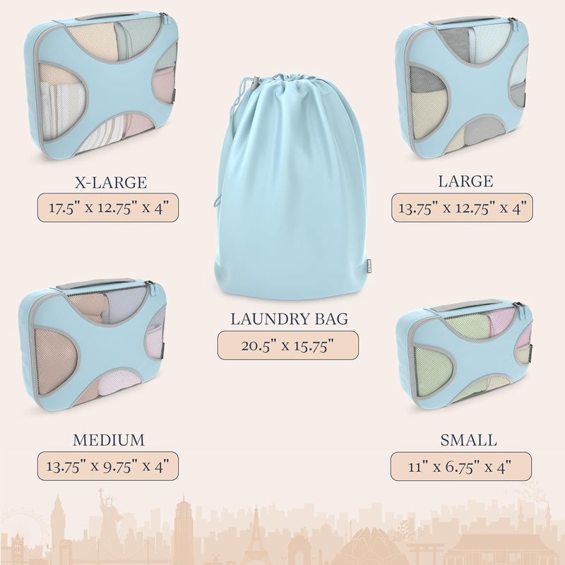 Shacke 5 Set Packing Cubes for Travel with Laundry Bag (Sky Blue) | Suitcase organizer bags set: 4 water-resistant luggage cubes, XL to Small, + laundry bag for carry-on or checked - Image 4