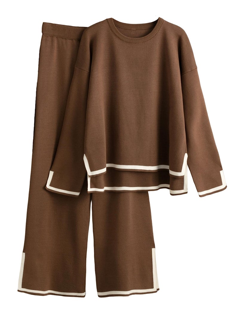 Tanming Women's 2 Piece Outfits Long Sleeve Knit Sweater Top Wide Leg Pants Lounge Sets Tracksuits (Brown-S) - Image 1