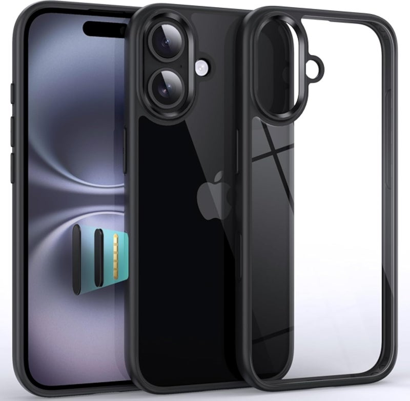 جراب Supdeal شفاف مقاوم للصدمات لهاتف iPhone 16 Plus، مزود بزر تحكم بالكاميرا، وحماية من السقوط من ارتفاع 10 أقدام (وفقًا لمعايير الجيش)، وظهر صلب شفاف، وحواف من السيليكون، وأربع وسائد هوائية في الزوايا الأربع، مقاس 6.7 بوصة، لون أسود.