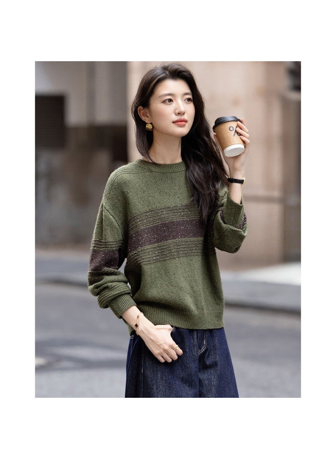 dme Demana "twilight Embrace" Winter Wool Blend Vintage Crewneck Colorblock Ribbed Loose Knit Sweater For Women - Image 2