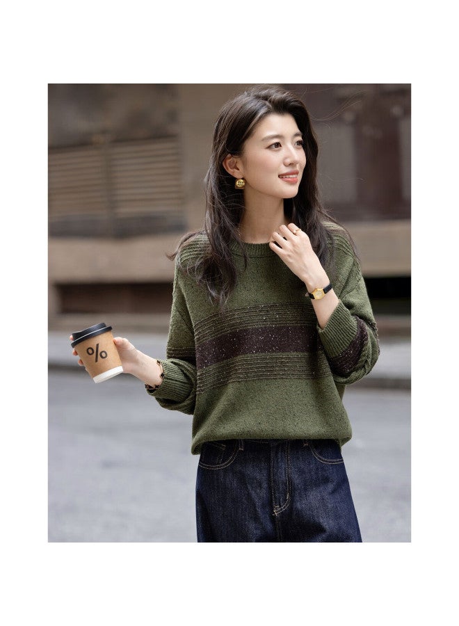 dme Demana "twilight Embrace" Winter Wool Blend Vintage Crewneck Colorblock Ribbed Loose Knit Sweater For Women - Image 4