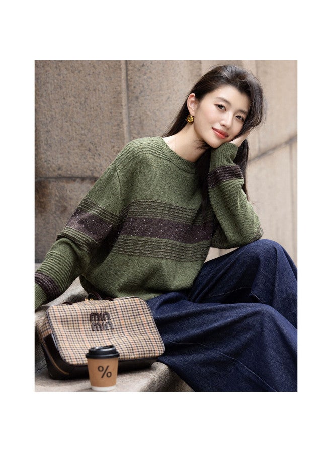 dme Demana "twilight Embrace" Winter Wool Blend Vintage Crewneck Colorblock Ribbed Loose Knit Sweater For Women - Image 1