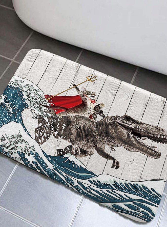 JAWO Funny Cat Dinosaur Bathroom Rugs for Kids - Japanese Ocean Wave Design, Rustic Wooden Cat Shower Bathmat - 17X29 inch - Image 1