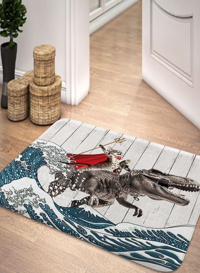 JAWO Funny Cat Dinosaur Bathroom Rugs for Kids - Japanese Ocean Wave Design, Rustic Wooden Cat Shower Bathmat - 17X29 inch - Image 3
