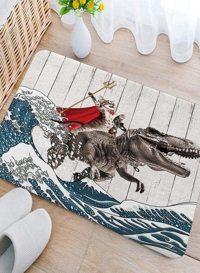 JAWO Funny Cat Dinosaur Bathroom Rugs for Kids - Japanese Ocean Wave Design, Rustic Wooden Cat Shower Bathmat - 17X29 inch - Image 2