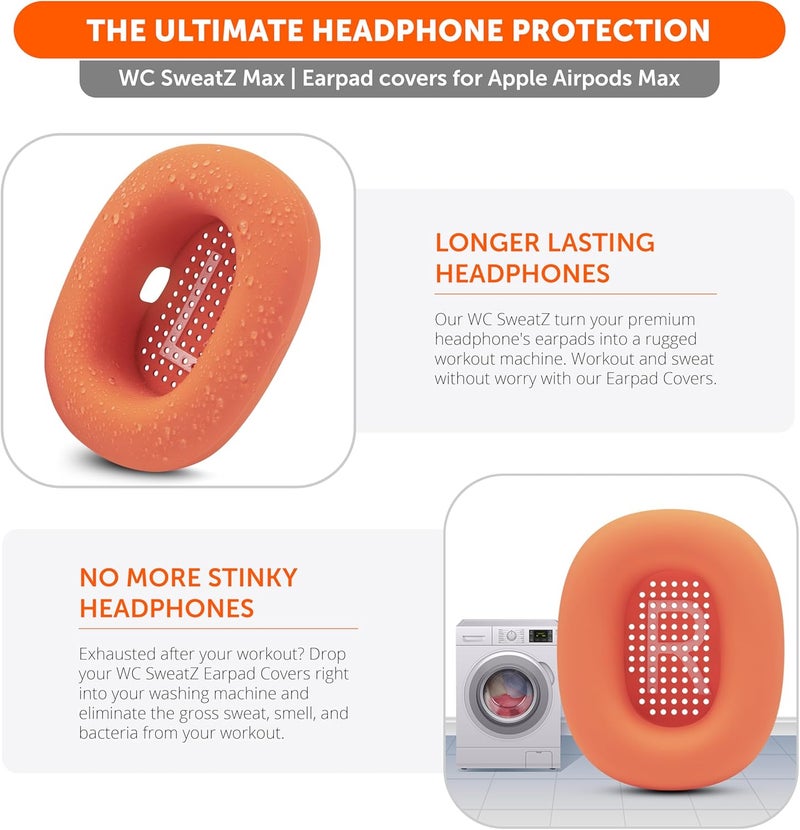 WC SweatZ Max - Patented Protective Earpad Covers for Airpods Max Made by Wicked Cushions | Sweatproof & Easily Washable | Full Earpad Sweat Protection | Orange - Image 3
