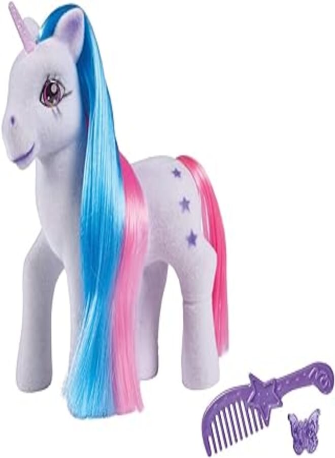 Simba 104342482 - Unicorn with Colourful Hair, 14 cm, Flocked, with Comb and Hair Clips, from 3 Years