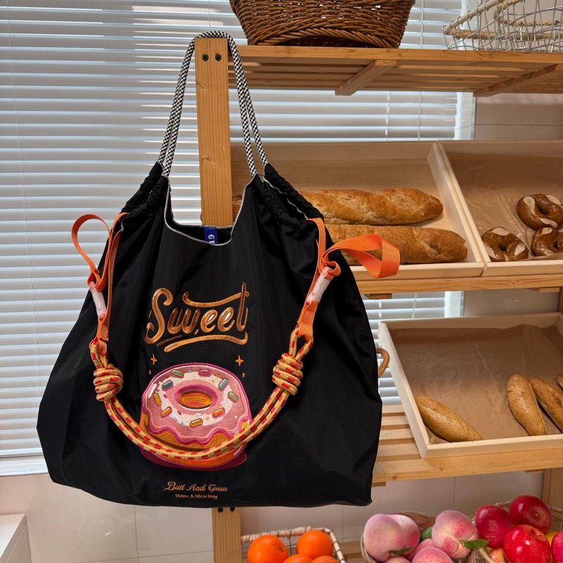 Summer Donut Embroidered Bag Trendy Early Eight College Style Commuter Large Capacity Shoulder Shopping Bag - Image 2
