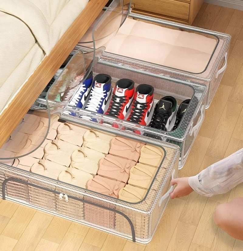 Clear Stackable Shoe Storage - Foldable Transparent Organiser Box for Wardrobe or Under Bed, 60x30x21 cm, Pack of 2 for Efficient Space Utilization - Image 3