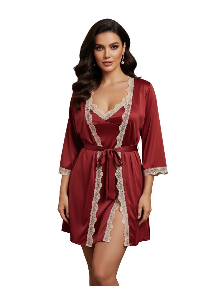 Cute Red 2 Pc Set Satin Nightwear Set for Women – Lace Trim Lingerie Slip and Matching Robe - Image 3