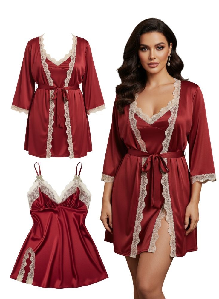 Cute Red 2 Pc Set Satin Nightwear Set for Women – Lace Trim Lingerie Slip and Matching Robe - Image 1