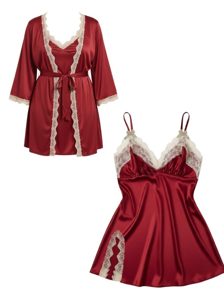 Cute Red 2 Pc Set Satin Nightwear Set for Women – Lace Trim Lingerie Slip and Matching Robe - Image 2