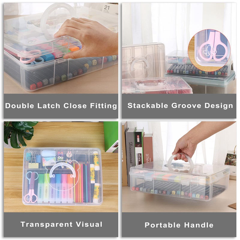 BTSKY 2-Tier Cute Bear Storage Box with Removable Divided Tray Portable Clear Plastic Art Craft Supply Organizer Stackable Home Office Supplies Storage Container for Pens Notes A4 papers etc (Clear) - Image 4