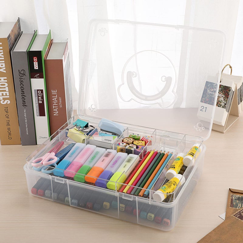 BTSKY 2-Tier Cute Bear Storage Box with Removable Divided Tray Portable Clear Plastic Art Craft Supply Organizer Stackable Home Office Supplies Storage Container for Pens Notes A4 papers etc (Clear) - Image 5