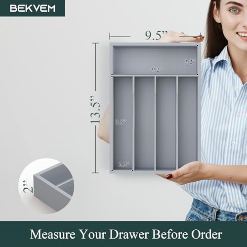 BEKVEM Silverware Organizer, Bamboo Kitchen Drawer Organizer, Utensil Holder, Cutlery Tray & Spoon Flatware Storage with Grooved Drawer Dividers(Grey, 9.5''W x 13.5''D) - Image 2