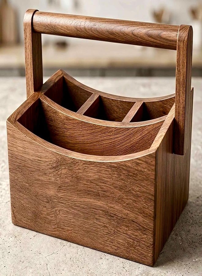 THEHEARTWILL® Wooden Cutlery Holder Caddy for Kitchen, Spoon & Fork Organizer Stand, Multipurpose Countertop Storage Basket with Handle, Wooden Utensil Holder for Dining Table & Kitchen Organizer - Image 4