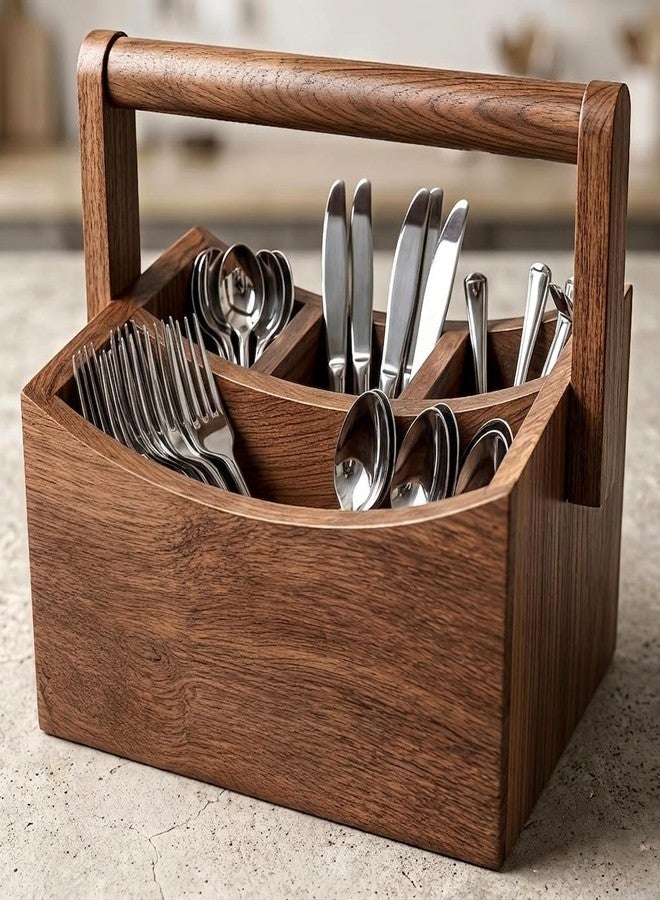THEHEARTWILL® Wooden Cutlery Holder Caddy for Kitchen, Spoon & Fork Organizer Stand, Multipurpose Countertop Storage Basket with Handle, Wooden Utensil Holder for Dining Table & Kitchen Organizer - Image 2