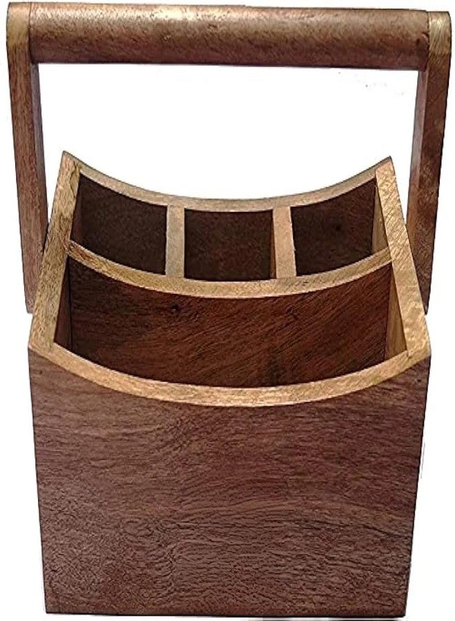 THEHEARTWILL® Wooden Cutlery Holder Caddy for Kitchen, Spoon & Fork Organizer Stand, Multipurpose Countertop Storage Basket with Handle, Wooden Utensil Holder for Dining Table & Kitchen Organizer - Image 5