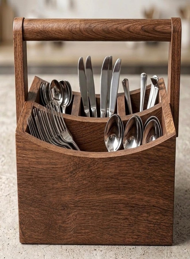 THEHEARTWILL® Wooden Cutlery Holder Caddy for Kitchen, Spoon & Fork Organizer Stand, Multipurpose Countertop Storage Basket with Handle, Wooden Utensil Holder for Dining Table & Kitchen Organizer - Image 1