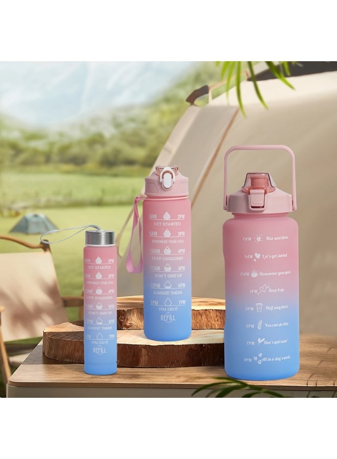 طقم زجاجات مياه 3 قطع ضد التسرب بألوان متدرجة – خالية من BPA، زجاجات تحفيزية مع قشة، غطاء قابل للطي ومؤشرات زمنية – قابلة لإعادة الاستخدام وصديقة للبيئة للرياضة، الجيم، المكتب، المدرسة، الأنشطة الخارجية والسفر - Image 1
