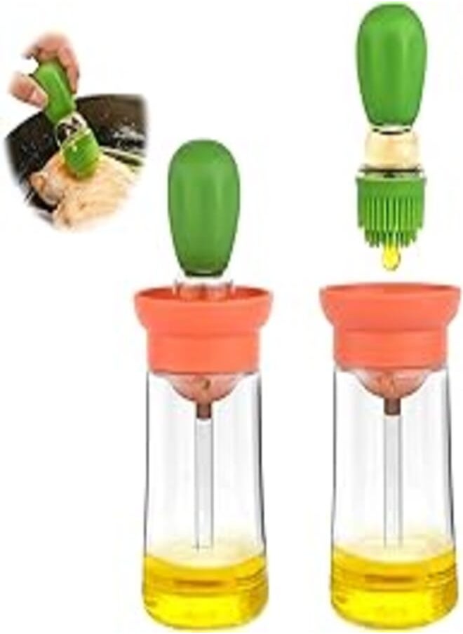 FARI FARI Glass Olive Oil Dispenser Bottle with Silicone Brush 2 in 1 for Kitchen Cooking Frying Baking BBQ Pancake (1, Green) 