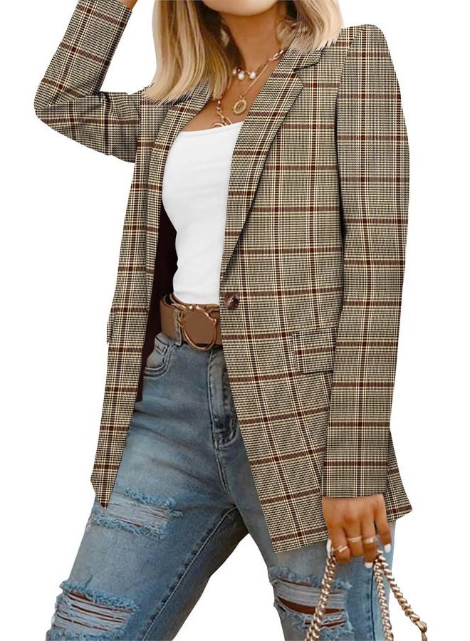 CRAZY GRID Women Business Casual Blazer Jacket Long Sleeve Fashion Blazer Ladies Buttons Work Professional Suit Jacket Plus Size 3XL Brown Plaid - Image 1