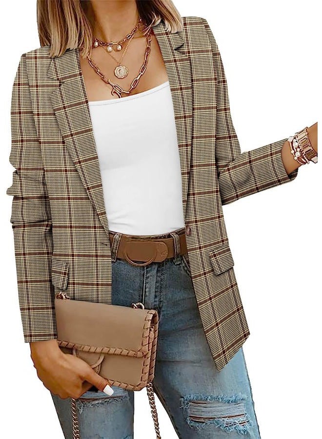 CRAZY GRID Women Business Casual Blazer Jacket Long Sleeve Fashion Blazer Ladies Buttons Work Professional Suit Jacket Plus Size 3XL Brown Plaid - Image 2