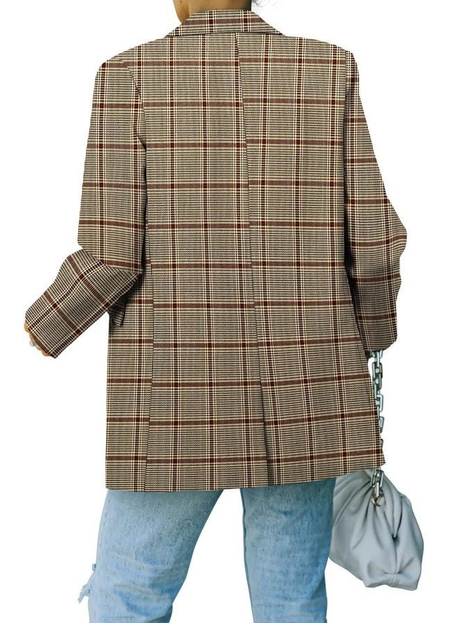 CRAZY GRID Women Business Casual Blazer Jacket Long Sleeve Fashion Blazer Ladies Buttons Work Professional Suit Jacket Plus Size 3XL Brown Plaid - Image 3