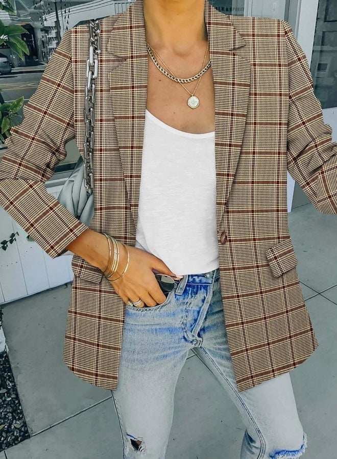 CRAZY GRID Women Business Casual Blazer Jacket Long Sleeve Fashion Blazer Ladies Buttons Work Professional Suit Jacket Plus Size 3XL Brown Plaid - Image 4
