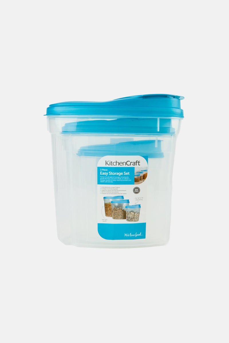 KitchenCraft 3 Piece Plastic Dry Food Storage Containers with Clip Lids, Blue - Image 1
