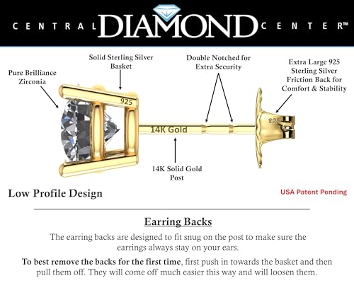 Central Diamond Center 14K Solid Gold Post & Sterling Silver 4 Prong CZ Stud Earrings - Yellow Gold Plated - 6.50mm - 2.00cttw - Image 2