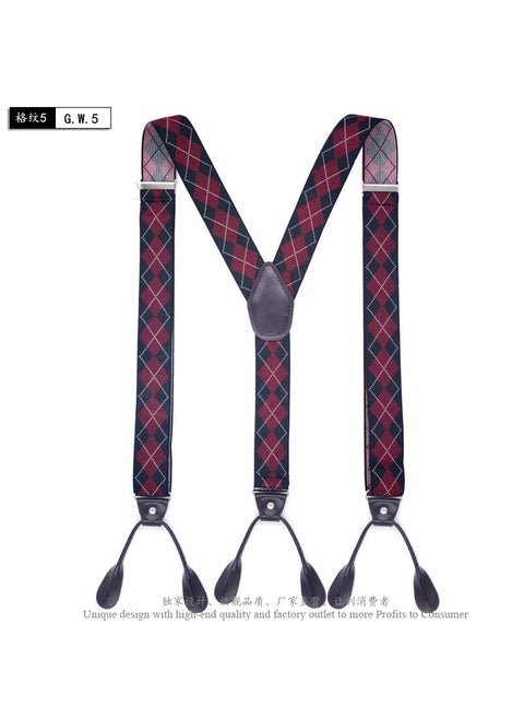 British Style Button Suspenders 3.5cm Wide Plaid 5 Black and Red Plaid +120cm