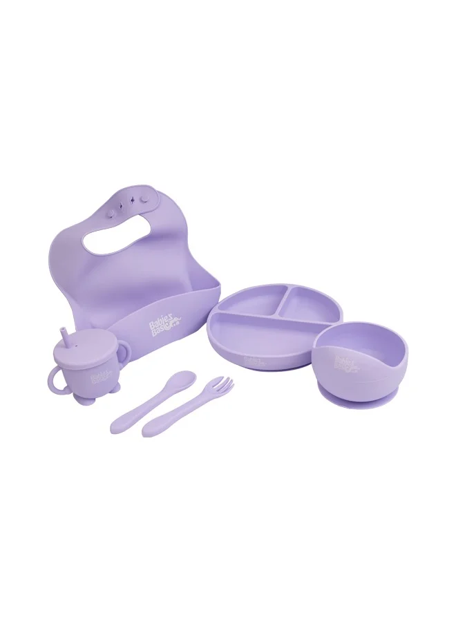 Babies Basic Silicone Baby Feeding Set Includes Silicone Suction Plate, Suction Bowl, Silicone Bib, 2-In-1 Silicone Cup W/ Straw Or A Snack Lid And  Spoon And Fork For Baby - Purple