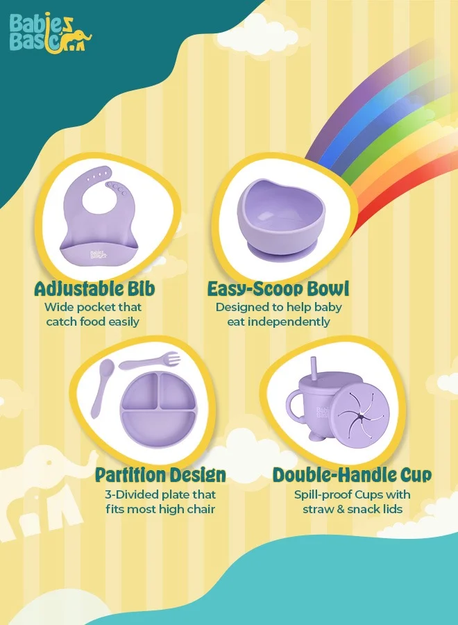 Babies Basic Silicone Baby Feeding Set Includes Silicone Suction Plate, Suction Bowl, Silicone Bib, 2-In-1 Silicone Cup W/ Straw Or A Snack Lid And  Spoon And Fork For Baby - Purple
