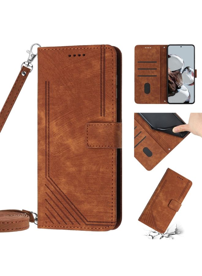 Case Cover For Xiaomi Poco M4 5G / Poco M5 4G Skin Feel Stripe Pattern Leather Phone Case with Lanyard Brown