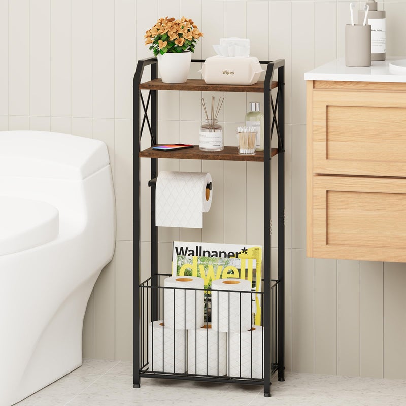 HapiRm Freestanding Toilet Paper Holder 4Tier Bathroom Tissue Organizer with Wood Shelves and Large Basket Toilet Paper Holder Stand for Bathroom Laundry Room Apartment BlackLarge - Image 2