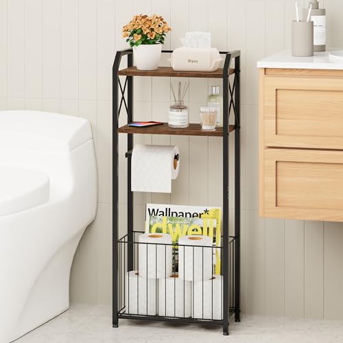 HapiRm Freestanding Toilet Paper Holder 4Tier Bathroom Tissue Organizer with Wood Shelves and Large Basket Toilet Paper Holder Stand for Bathroom Laundry Room Apartment BlackLarge - Image 1