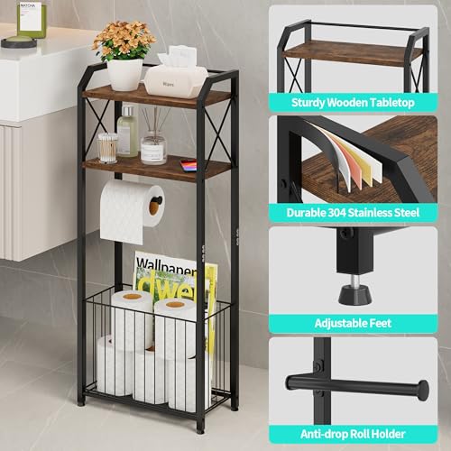 HapiRm Freestanding Toilet Paper Holder 4Tier Bathroom Tissue Organizer with Wood Shelves and Large Basket Toilet Paper Holder Stand for Bathroom Laundry Room Apartment BlackLarge - Image 3