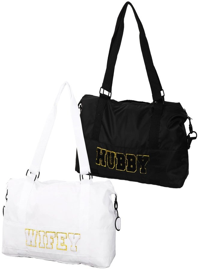 Whaline 2Pcs Wifey Hubby Duffle Bag Set White Black Waterproof Wedding Travel Bag Lightweight Weekender Tote Bag For Bridal Shower Honeymoon Party Organizer Supplies - Image 1