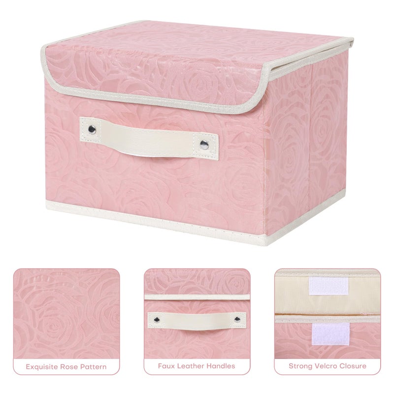 ANMINY Fabric Storage Bin with Lid Rose Print Storage Box Basket with PU Leather Handles Washable PP Plastic Board Decorative Foldable Lidded Shelf Cubes Closet Organizer Container - Pink, Small Size - Image 3