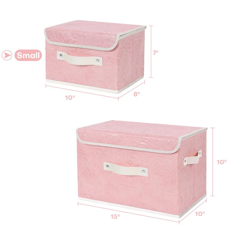 ANMINY Fabric Storage Bin with Lid Rose Print Storage Box Basket with PU Leather Handles Washable PP Plastic Board Decorative Foldable Lidded Shelf Cubes Closet Organizer Container - Pink, Small Size - Image 5