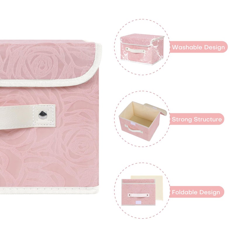 ANMINY Fabric Storage Bin with Lid Rose Print Storage Box Basket with PU Leather Handles Washable PP Plastic Board Decorative Foldable Lidded Shelf Cubes Closet Organizer Container - Pink, Small Size - Image 2